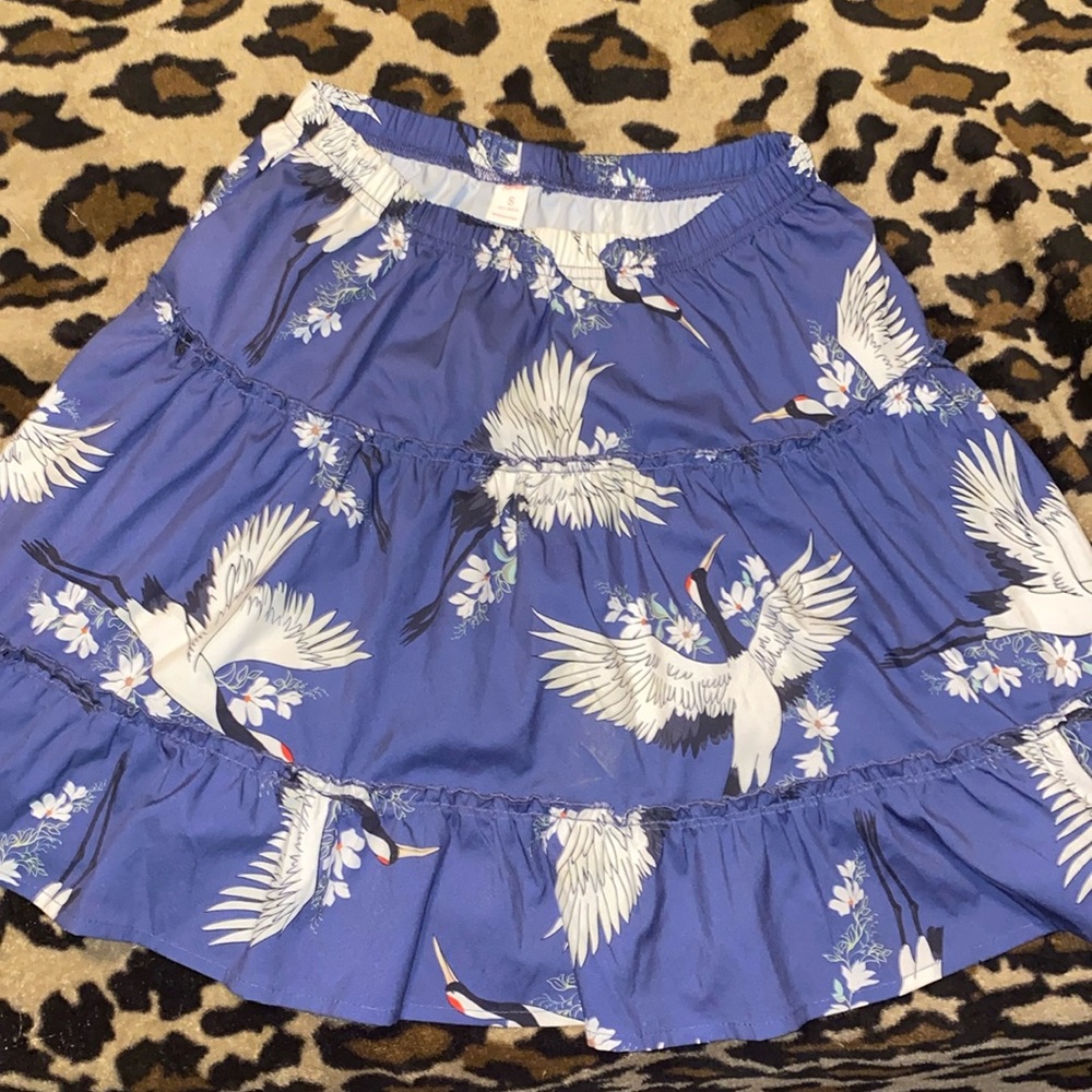 Blue crane patterned flair skirt women’s small